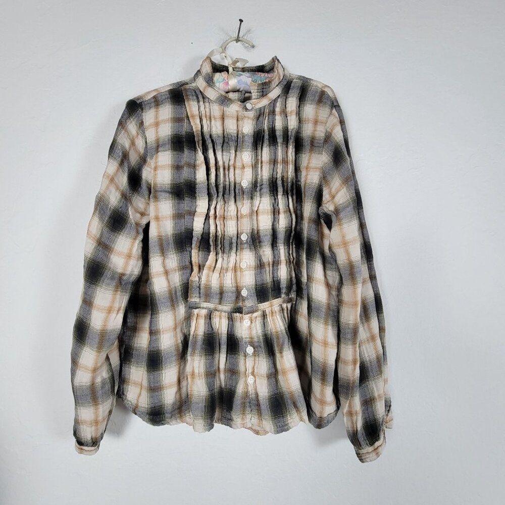 CP Shades Claudine Double Cotton 323-5100 Green Plaid Button Up Top Medium NWOT